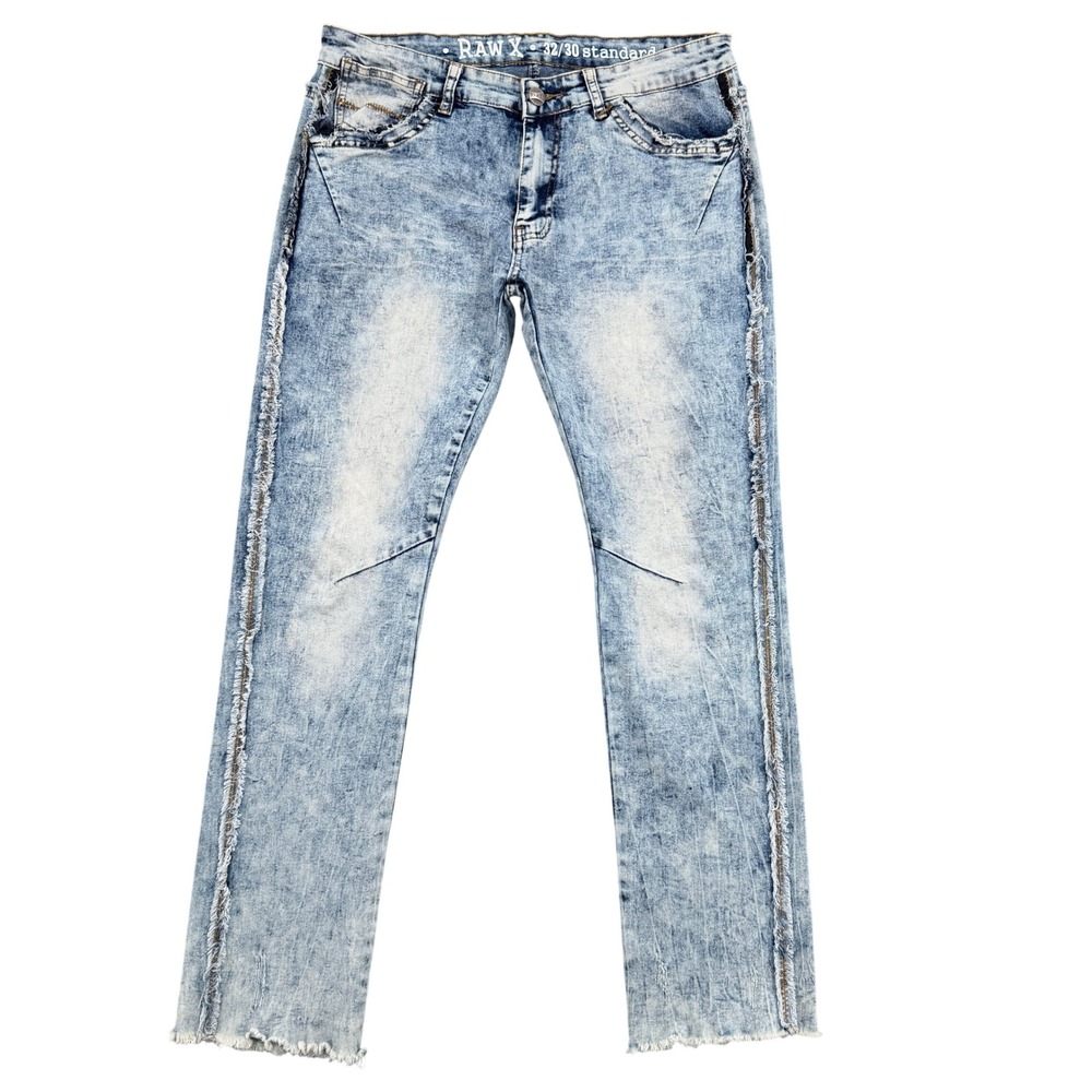 Raw X Mens Standard Fit Acid Wash Distressed Frayed Denim Jeans 32x30 Light Blue